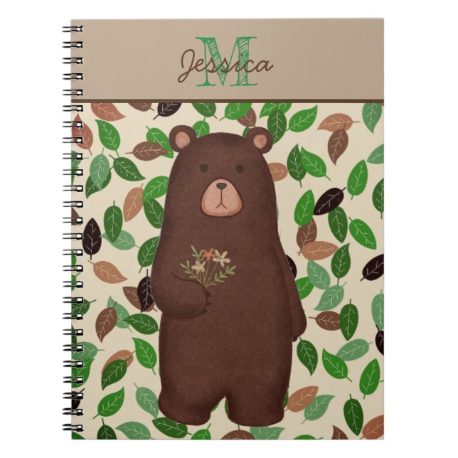 Woodland Bear Autumn Leaves Personalised Notebook (Front)