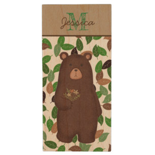 Woodland Bear Autumn Leaves Personalised Wood Flash Drive