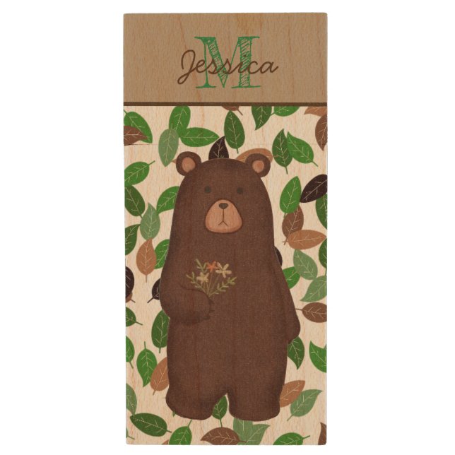 Woodland Bear Autumn Leaves Personalised Wood Flash Drive (Front Vertical)