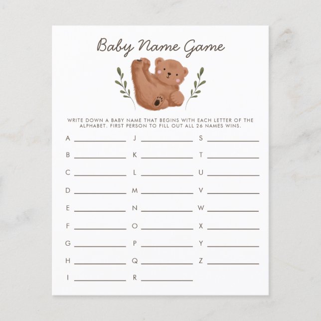 Woodland Bear Baby Name Shower Game (Front)