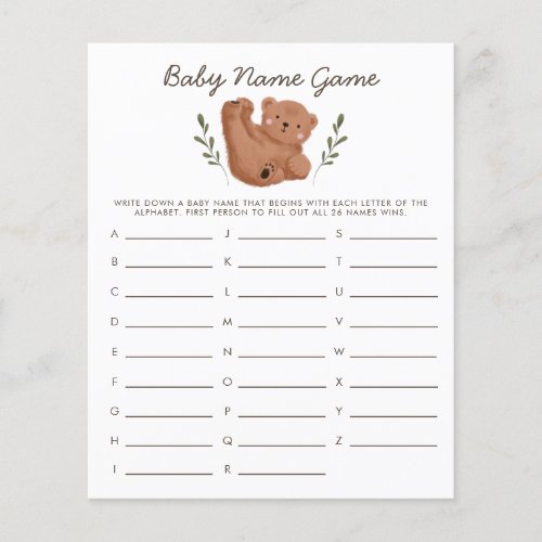 Woodland Bear Baby Name Shower Game