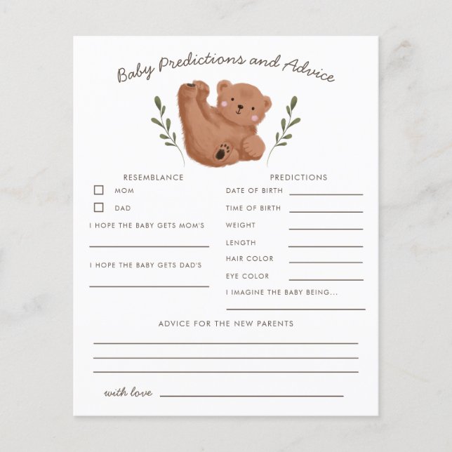 Woodland Bear Baby Predictions & Advice Card (Front)