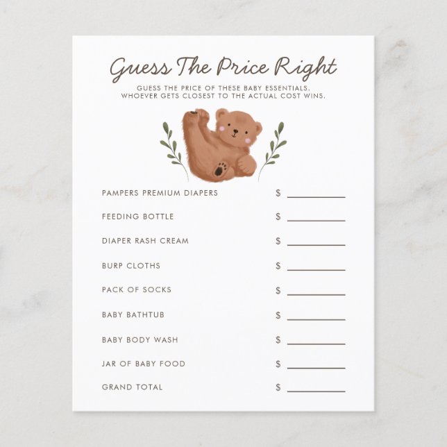 Woodland Bear Baby Shower Guess The Price Right (Front)