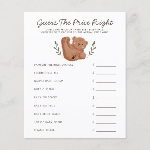 Woodland Bear Baby Shower Guess The Price Right