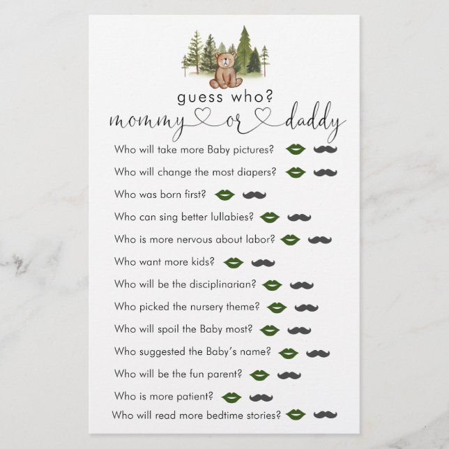 Woodland Bear Baby Shower "Guess Who" Game (Front)