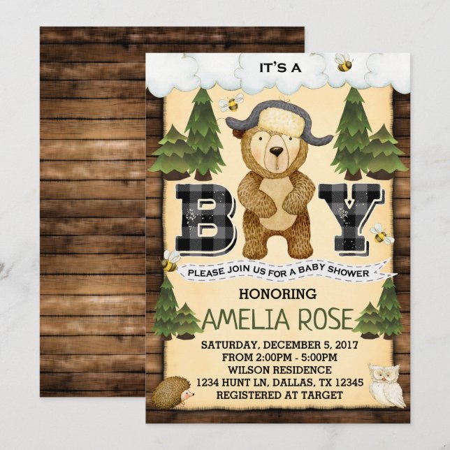Woodland Bear Baby Shower Invitation Invite (Front/Back)