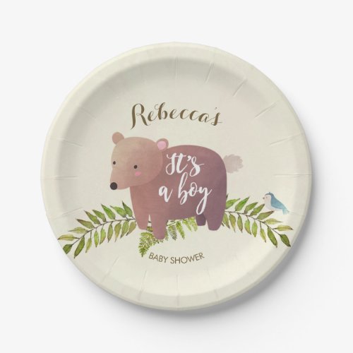 woodland bear baby shower paper plate its a boy