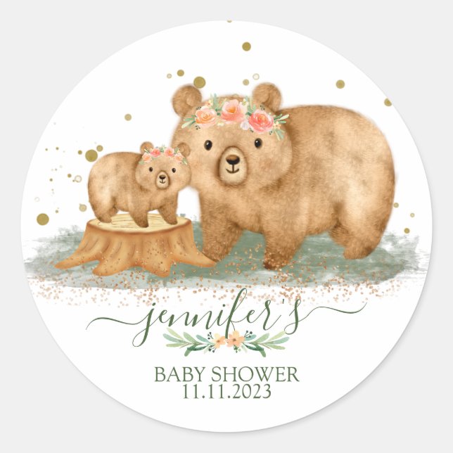 Woodland Bear Baby Shower Sticker | Event Favor (Front)