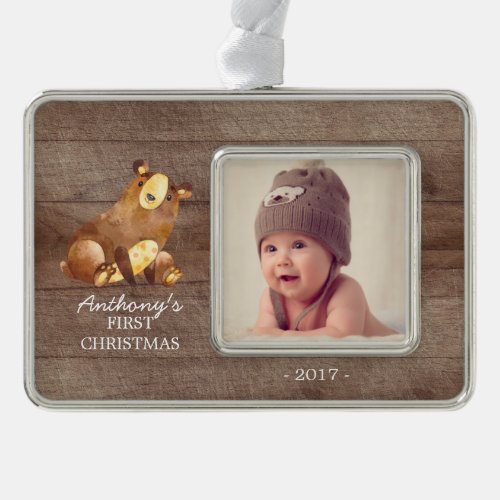 Woodland Bear Babys 1st Christmas Photo Ornament