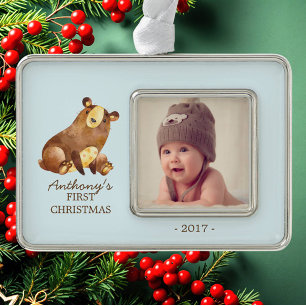 Woodland Bear Baby's 1st Christmas Photo Ornament