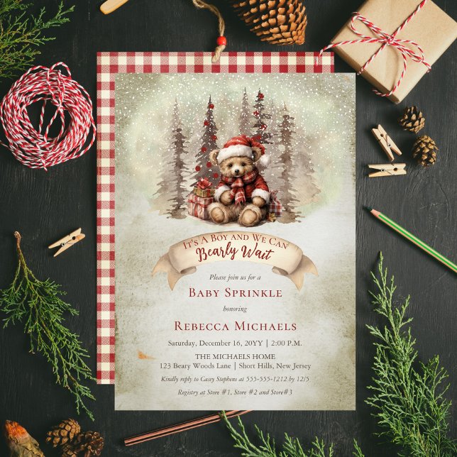 Woodland Bear Bearly Wait Holiday Baby Sprinkle Invitation ("It's A Boy and We Can Bearly Wait" Baby Sprinkle rustic woodland Christmas invite design)
