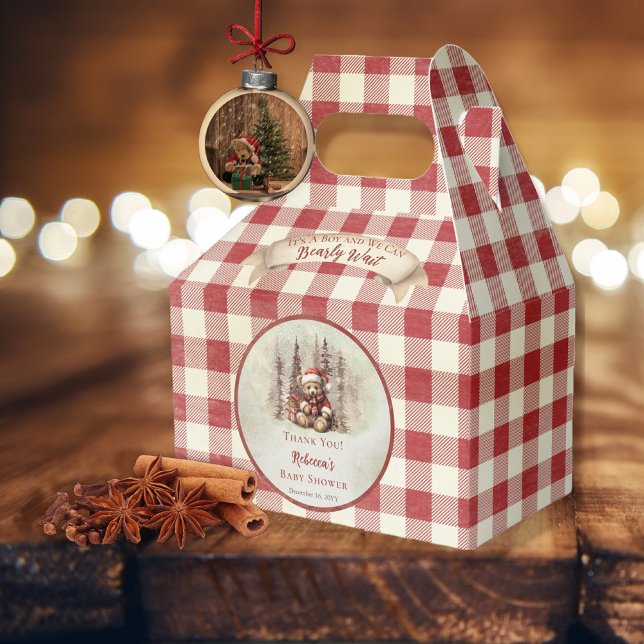 Woodland Bear Bearly Wait Holiday Boy Baby Shower Favor Boxes ("It's A Boy and We Can Bearly Wait" Baby Shower rustic woodland Christmas Holiday design)