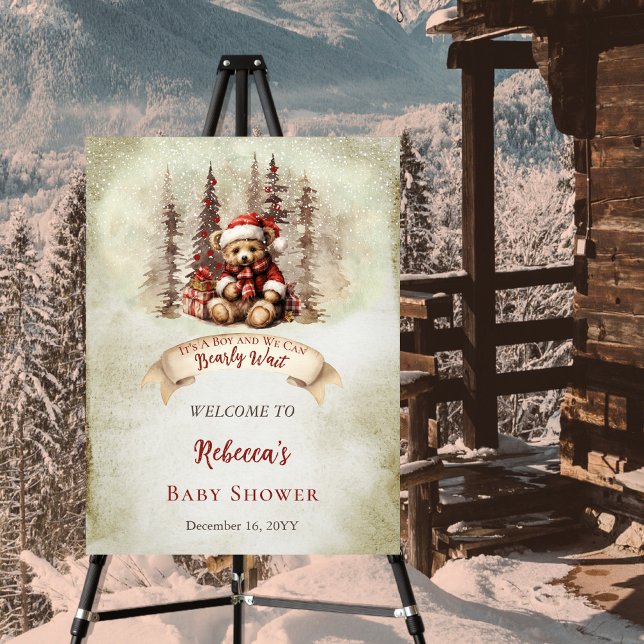 Woodland Bear Bearly Wait Holiday Boy Baby Shower Foam Board ("It's A Boy and We Can Bearly Wait" Baby Shower rustic woodland Christmas holiday design)