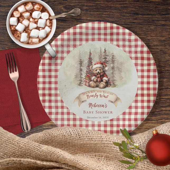 Woodland Bear Bearly Wait Holiday Boy Baby Shower  Paper Plates ("It's A Boy and We Can Bearly Wait" Baby Shower rustic woodland Christmas Holiday design)