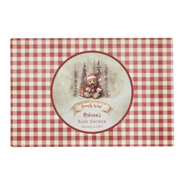 Woodland Bear Bearly Wait Holiday Boy Baby Shower  Placemat (Front)