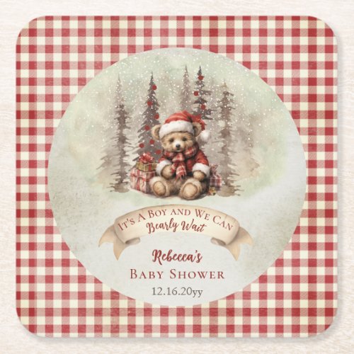 Woodland Bear Bearly Wait Holiday Boy Baby Shower  Square Paper Coaster