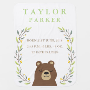 Woodland Bear Birth Announcement Baby Blanket