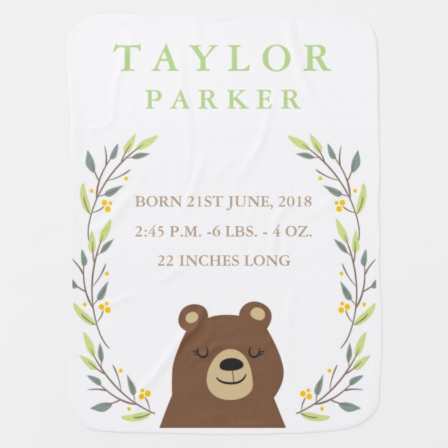 Woodland Bear Birth Announcement Baby Blanket (Front)