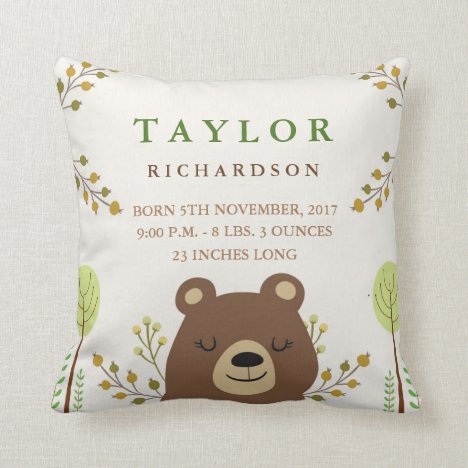 Woodland Bear Birth Announcement Pillow