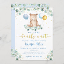 Woodland Bear Blue Gold Greenery Baby Shower Invitation