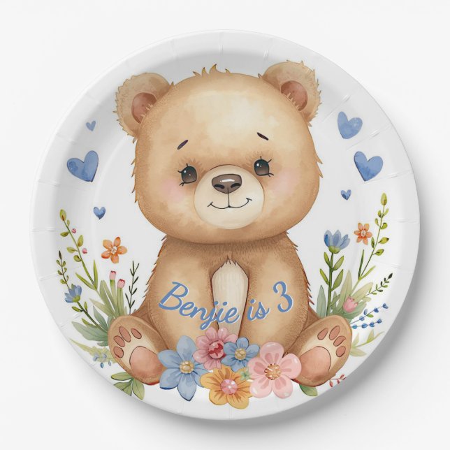 Woodland Bear Blue Theme for Boys Birthday Party Paper Plates (Front)