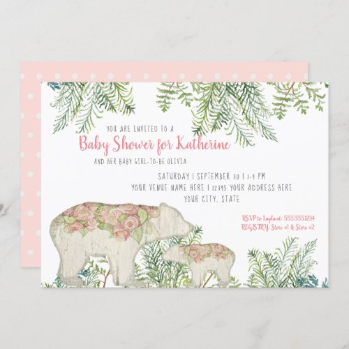 Woodland Bear Boho Floral Baby Girl Shower Invitation