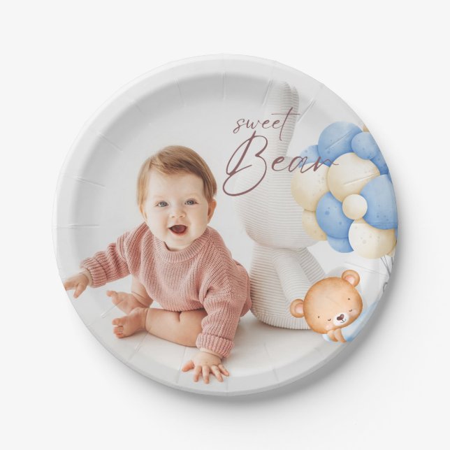 Woodland Bear Boy 1st Birthday Party Pastel Photo Paper Plates (Front)