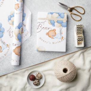 Woodland Bear Boy 1st Birthday Party Pastel Wrapping Paper