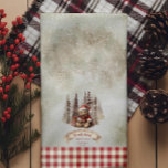 Woodland Bear Christmas Is Coming Bearly Wait  Kitchen Towel<br><div class="desc">Cute little holiday bear in a santa suit, "Christmas Is Coming and We Can Bearly Wait" script text holiday design with muted dusky red and mocha brown text. Design features a sweet baby bear nestled with his Christmas presents backed by a mocha and gray forest with bauble adorned trees and...</div>