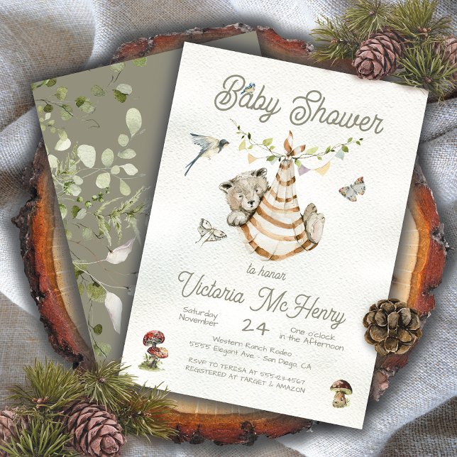 Woodland Bear Clothesline Boho Baby Shower Invitation (Creator Uploaded)