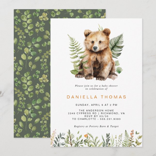 Woodland Bear Cub | Modern Neutral Baby Shower Invitation (Front/Back)