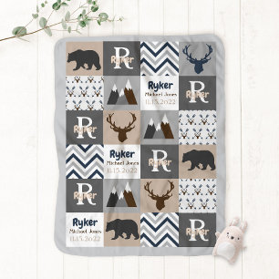 Woodland Bear Deer Mountains Personalized Baby Boy Blanket