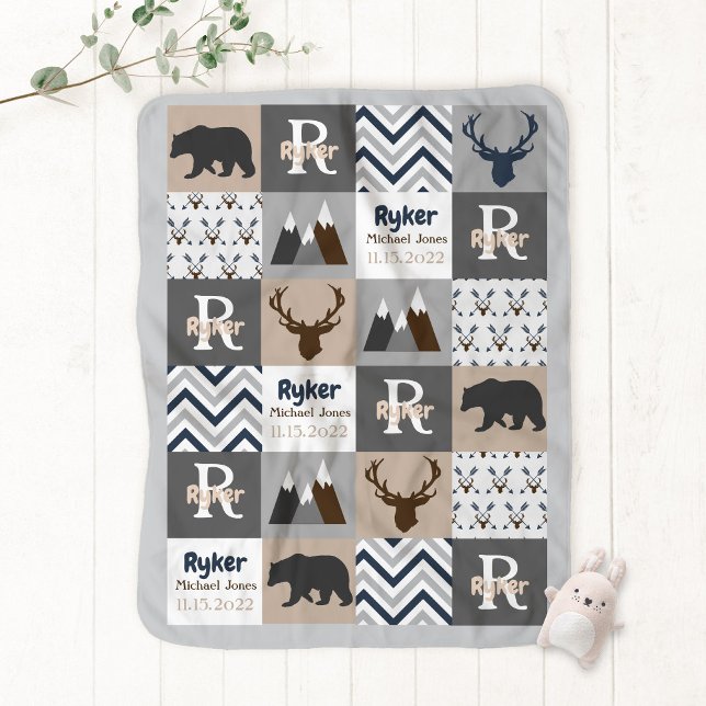 Woodland Bear Deer Mountains Personalized Baby Boy Blanket (Creator Uploaded)