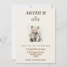 Woodland Bear First Birthday Invitation