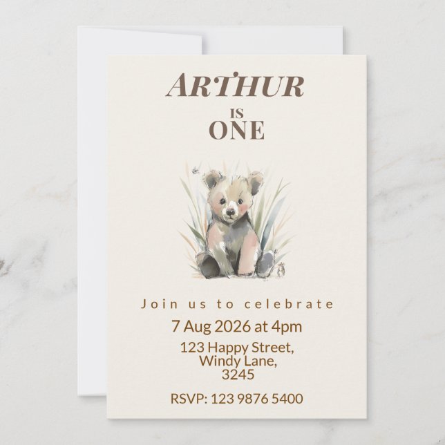Woodland Bear First Birthday Invitation (Front)