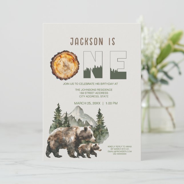 Woodland Bear First Birthday Party Invitation (Standing Front)