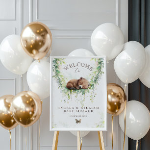 Woodland Bear Greenery Baby Boy Shower Welcome Poster