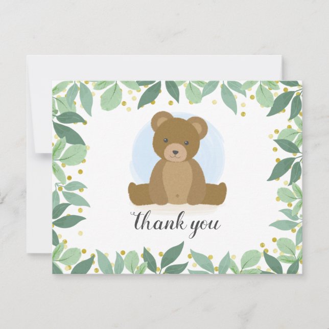 Woodland Bear Greenery Baby Shower Note Card (Front)