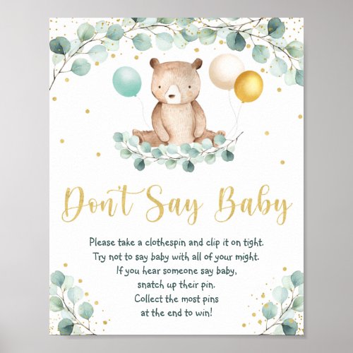 Woodland Bear Greenery Gold Dont Say Baby Game Poster