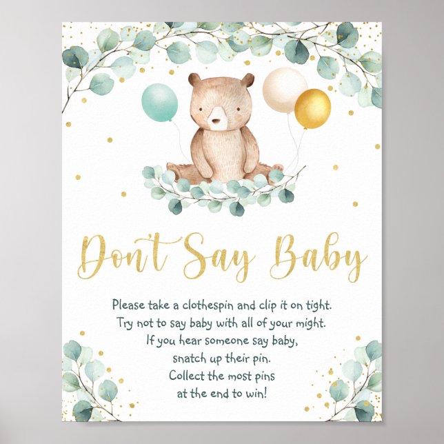 Woodland Bear Greenery Gold Don't Say Baby Game Poster (Front)