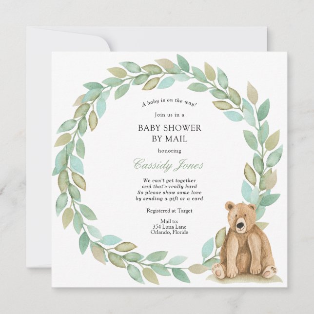 Woodland Bear Greenery Wreath Baby Shower by Mail Invitation (Front)