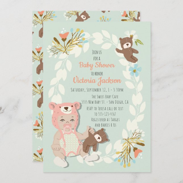 Woodland Bear hat baby girl shower invitations (Front/Back)