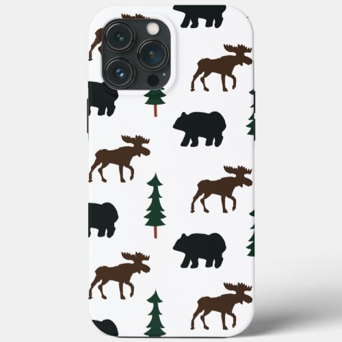 Woodland Bear Moose Pattern Rustic Tree Nature iPhone 13 Pro Max Case