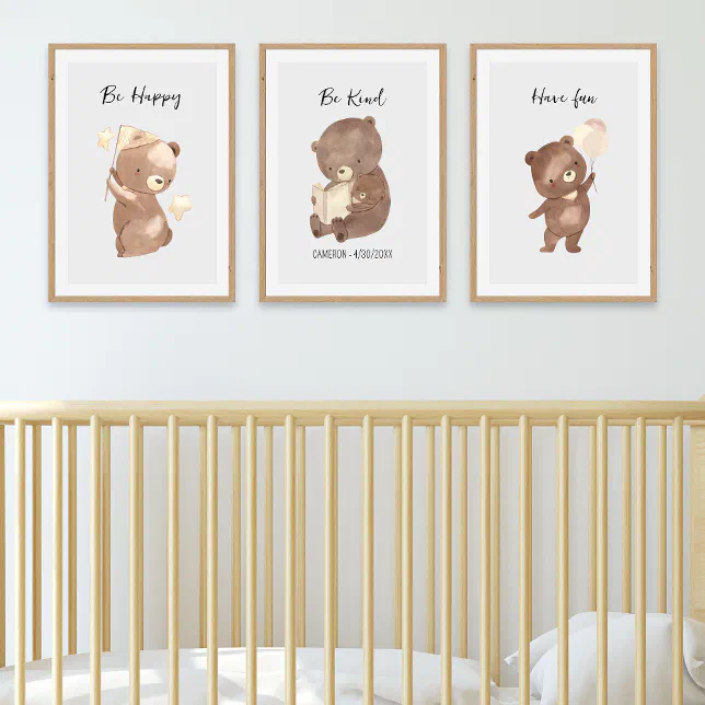 Woodland Bear Nursery Personalized Text Name Wall Art Sets | Zazzle