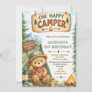Woodland Bear One Happy Camper 1st Birthday Invitation