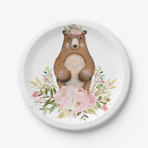Woodland Bear Pink Floral Forest Girl Baby Shower Paper Plates