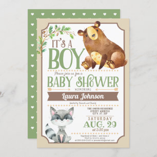 Woodland Bear & Raccoon Boy Baby Shower Invitation