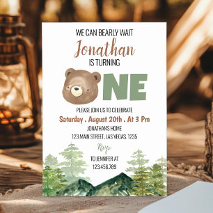 Woodland Bear We Can Bearly Wait 1st Birthday Invitation