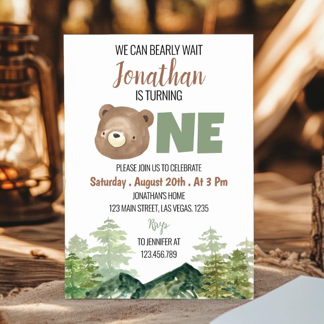 Woodland Bear We Can Bearly Wait 1st  Birthday Invitation (Creator Uploaded)
