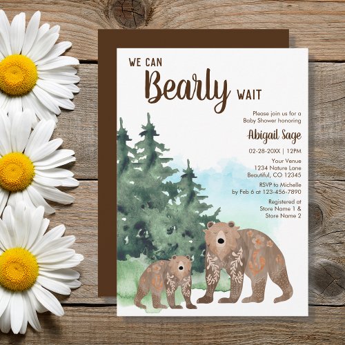 Woodland Bears Neutral Bearly Wait Baby Shower Invitation